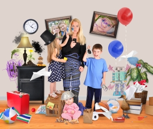A working mother is stressed and tried on a cell phone with wild children and a baby making a mess in the home for a discipline or parenting concept.